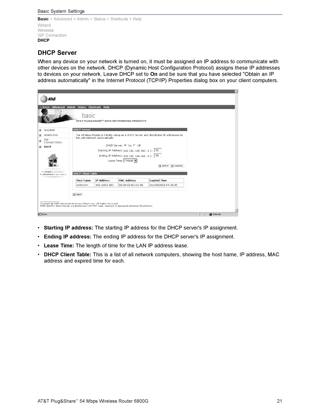 AT&T 6800G user manual Dhcp Server 