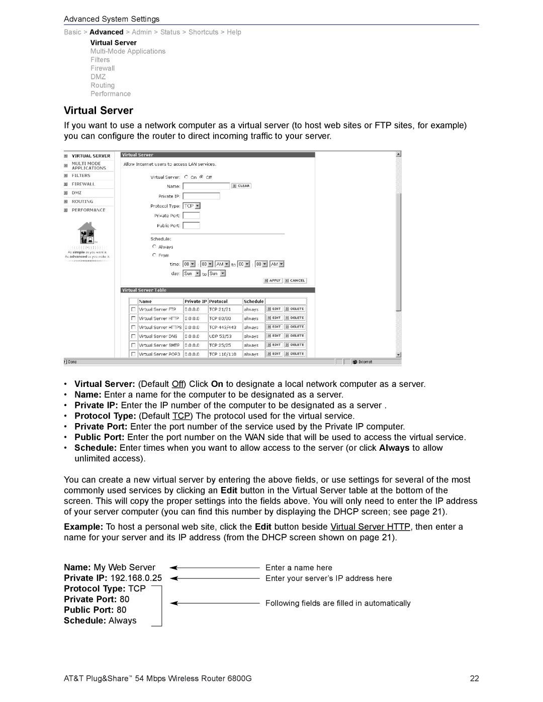 AT&T 6800G user manual Virtual Server, Advanced System Settings 