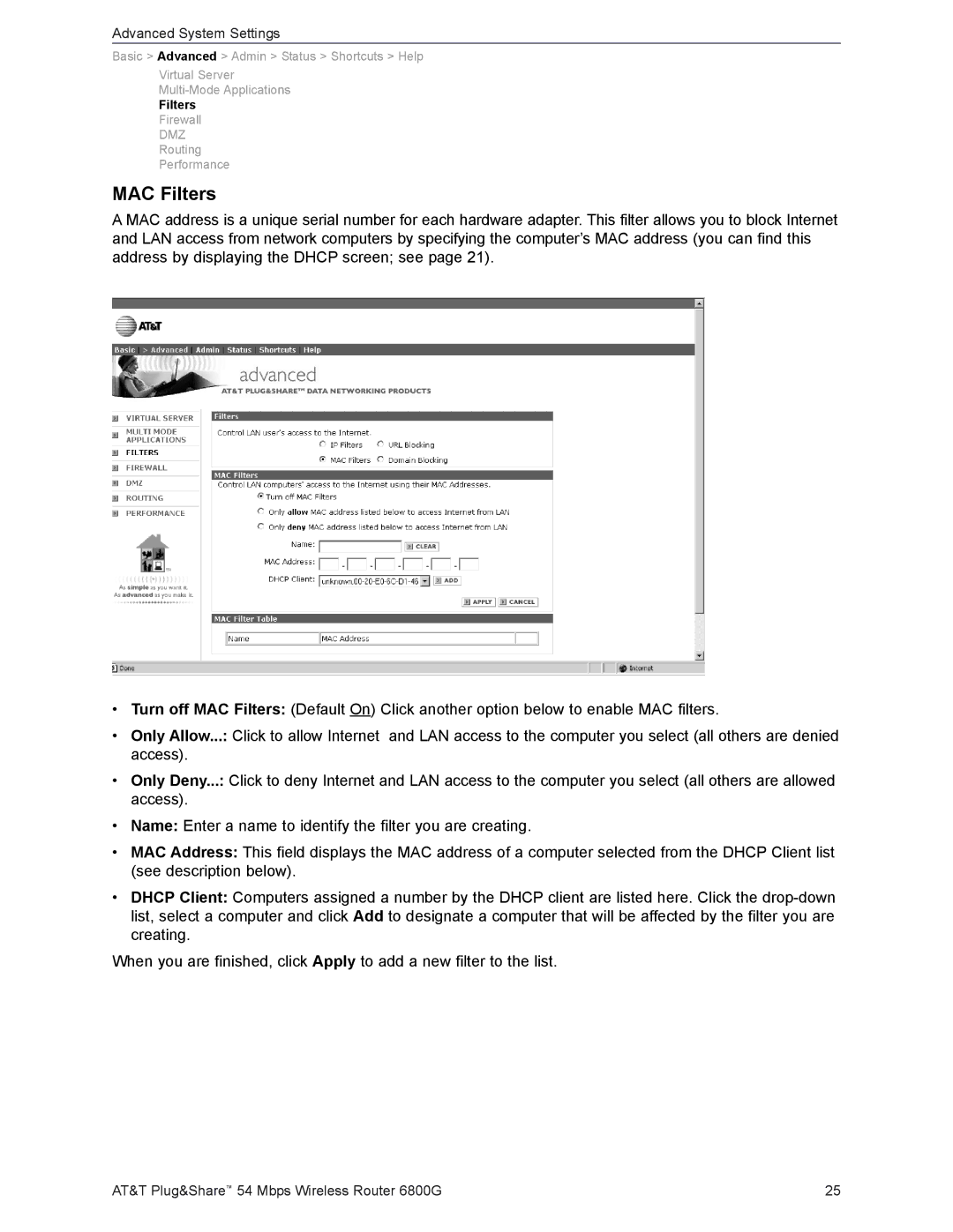 AT&T 6800G user manual MAC Filters 