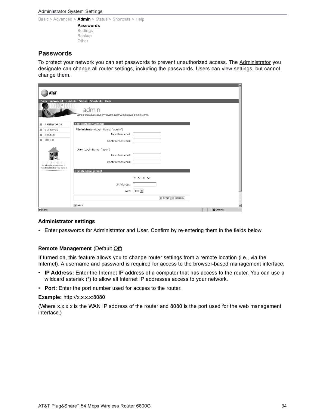 AT&T 6800G user manual Passwords, Administrator settings, Remote Management Default Off 