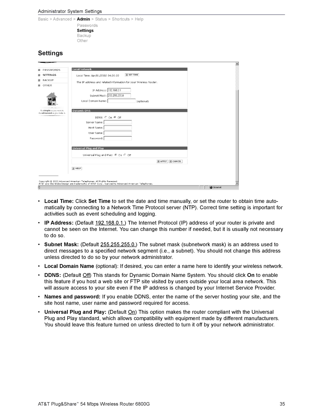 AT&T 6800G user manual Settings 