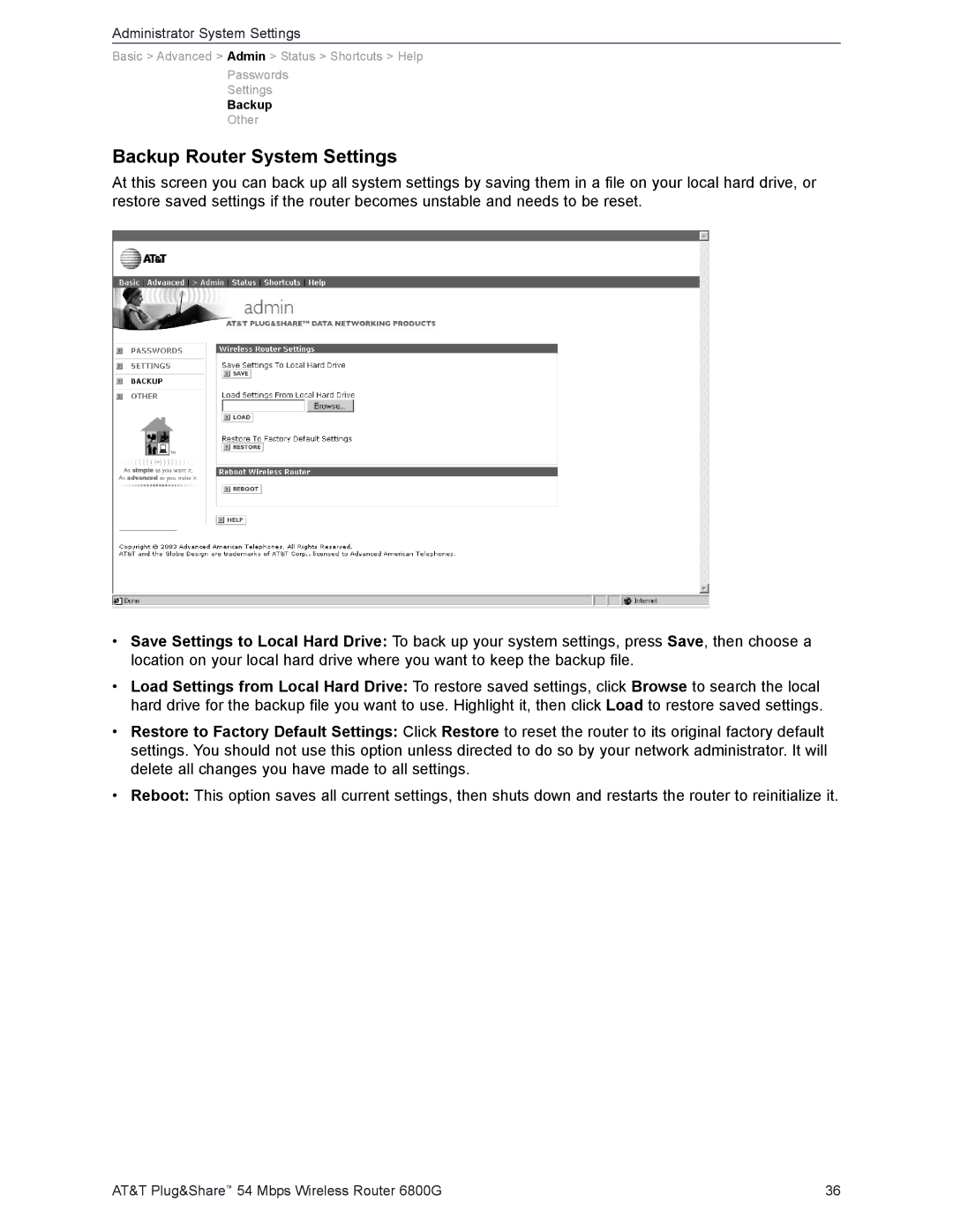 AT&T 6800G user manual Backup Router System Settings 