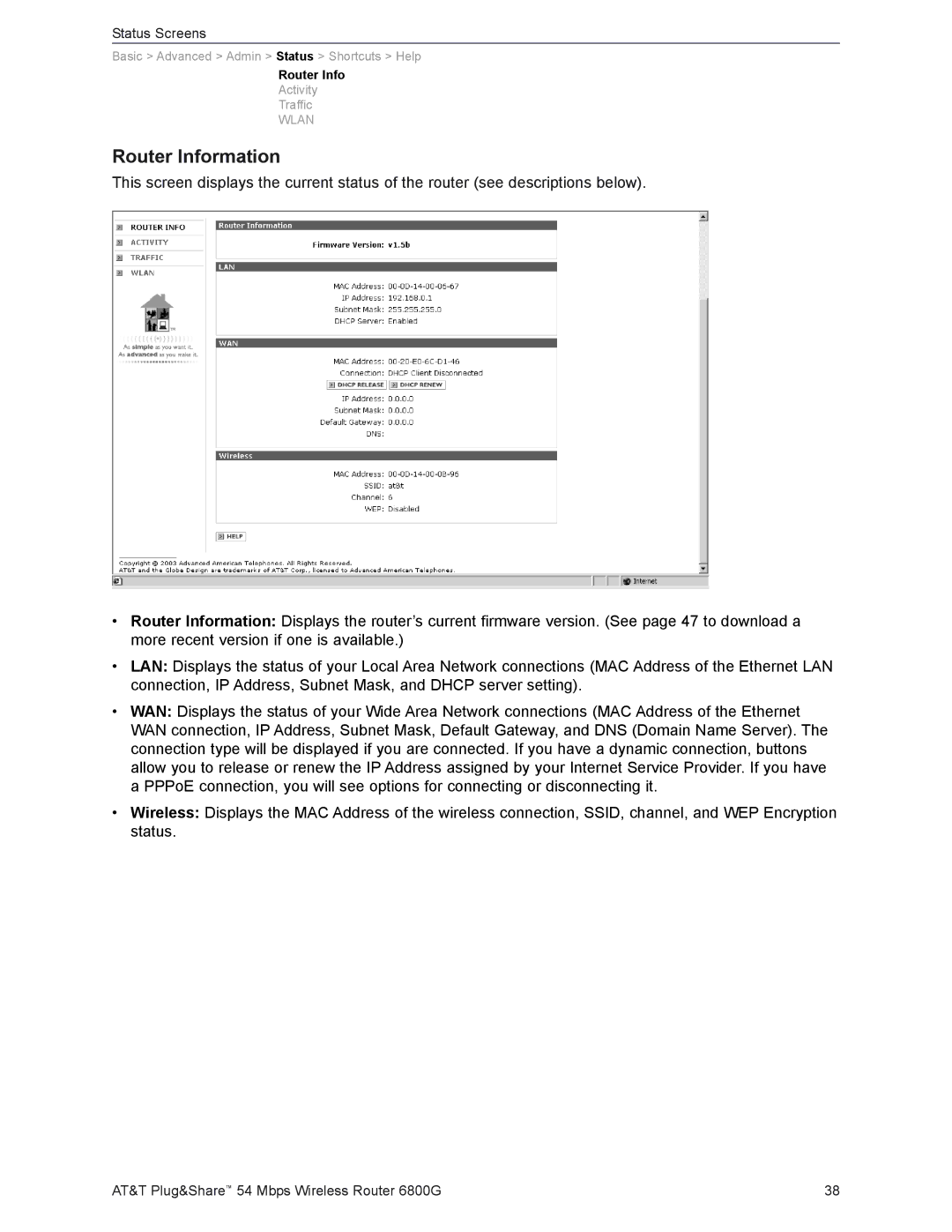 AT&T 6800G user manual Router Information 