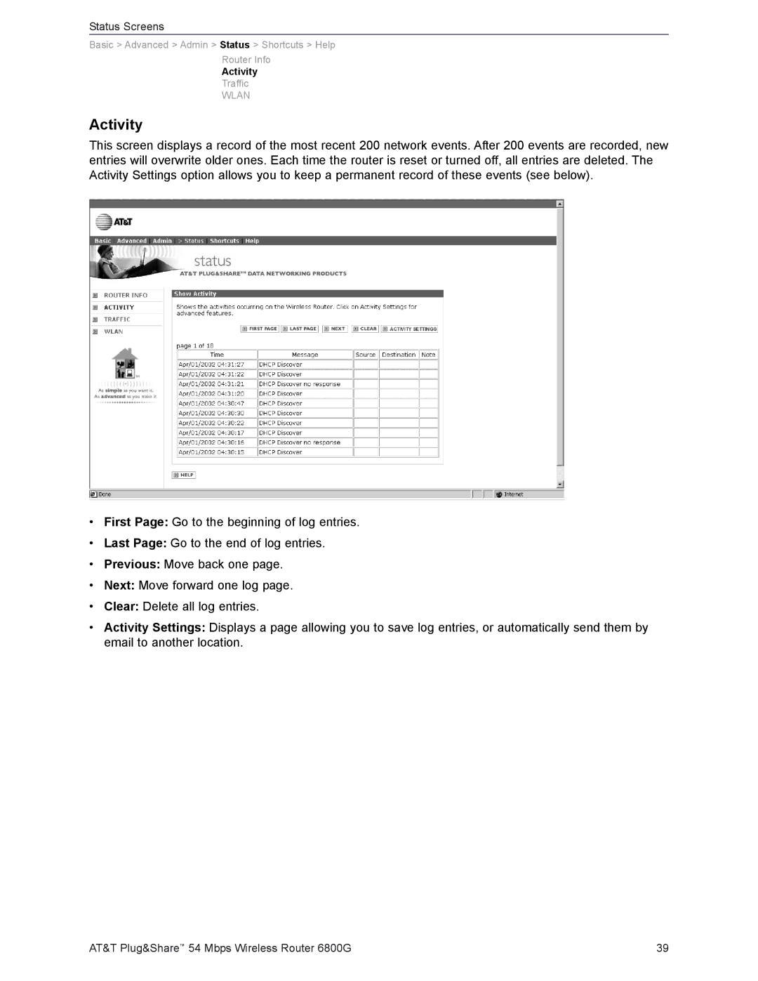 AT&T 6800G user manual Activity 