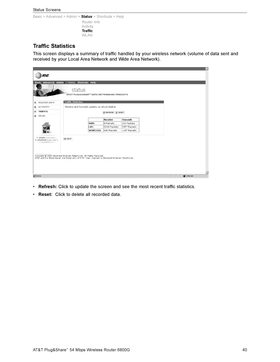 AT&T 6800G user manual Traffic Statistics 