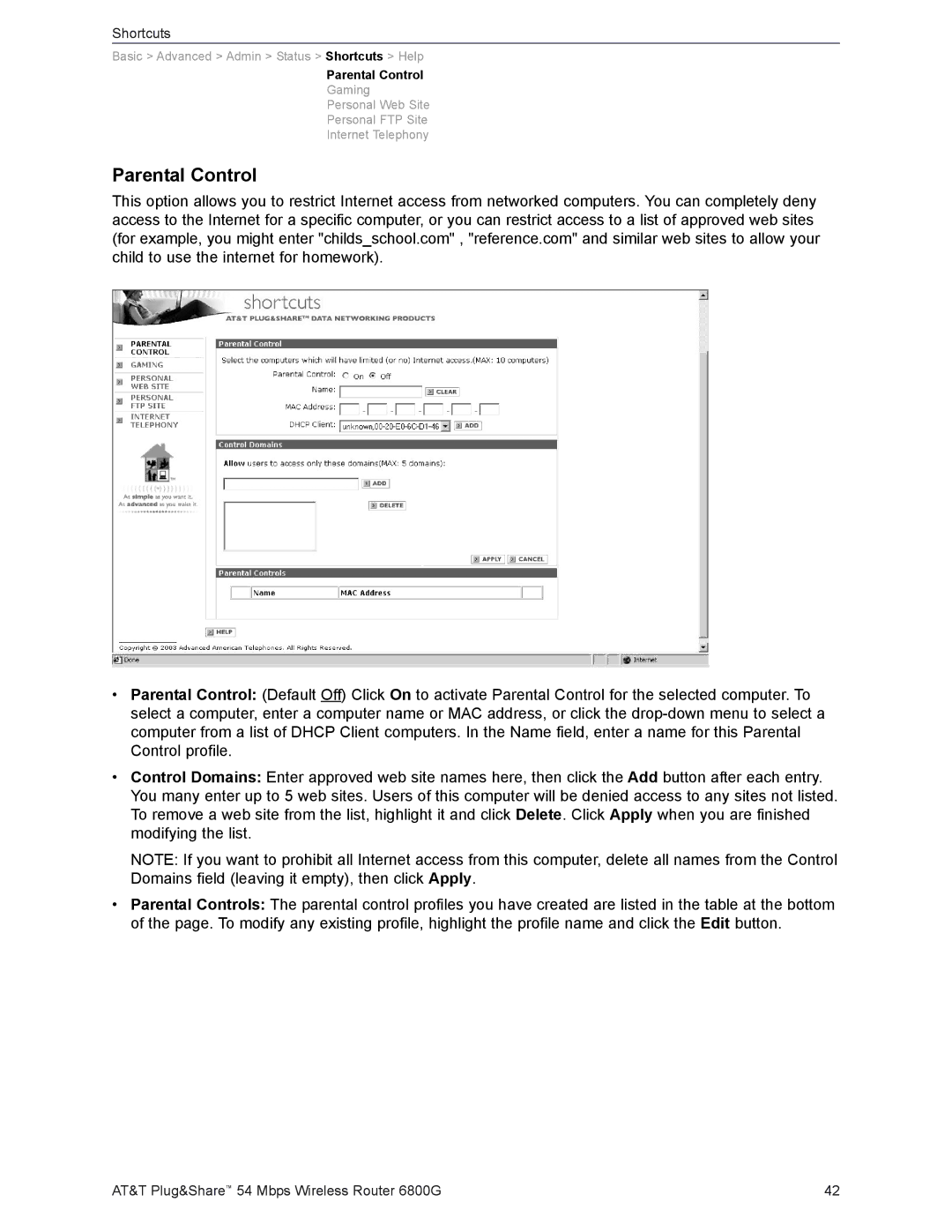 AT&T 6800G user manual Parental Control, Shortcuts 