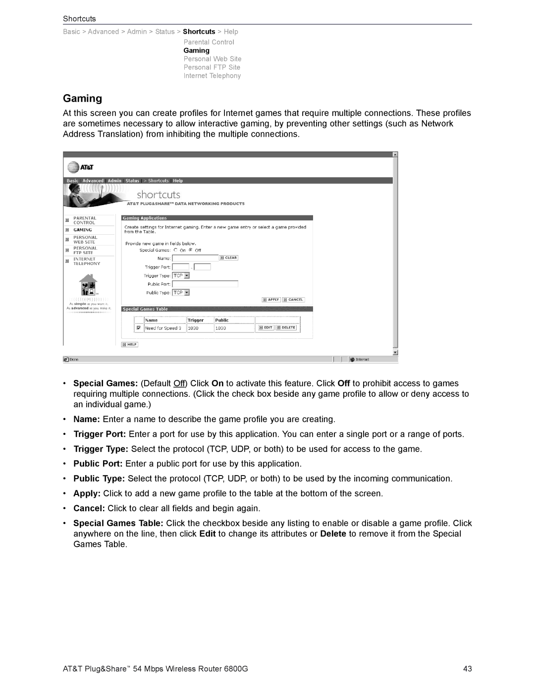 AT&T 6800G user manual Gaming 