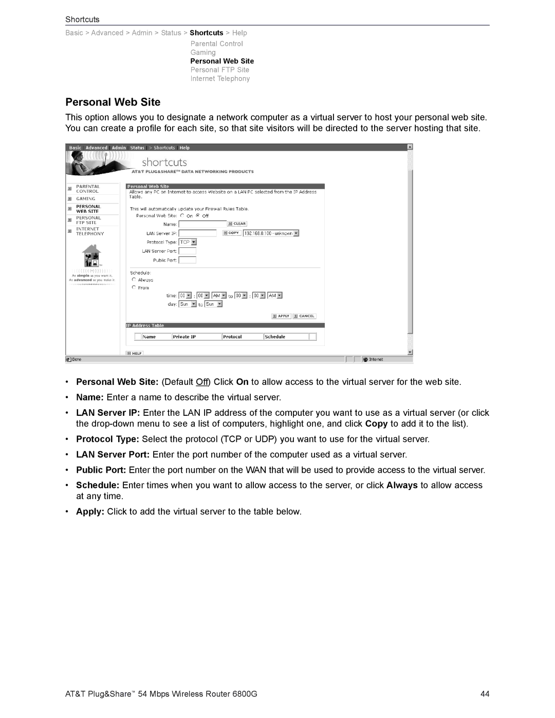 AT&T 6800G user manual Personal Web Site 