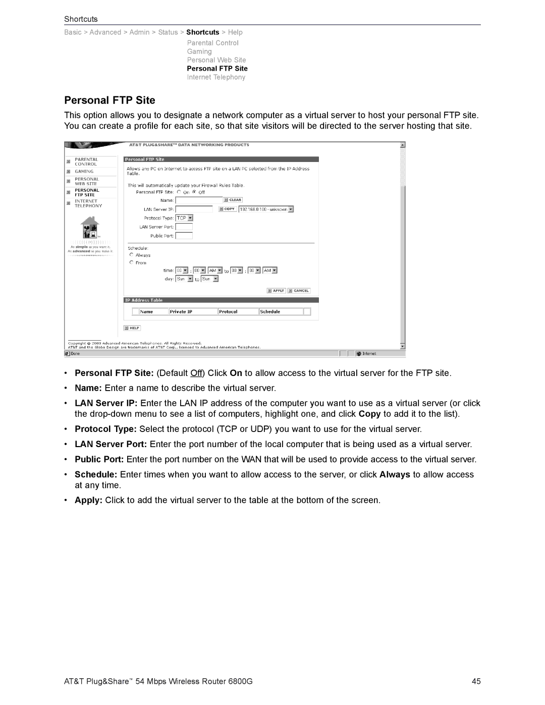 AT&T 6800G user manual Personal FTP Site 