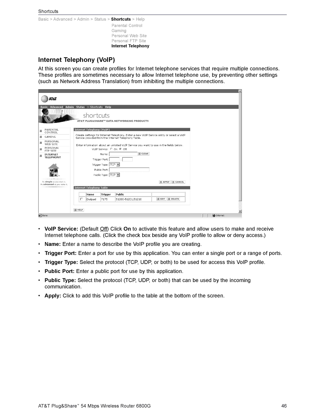 AT&T 6800G user manual Internet Telephony VoIP 