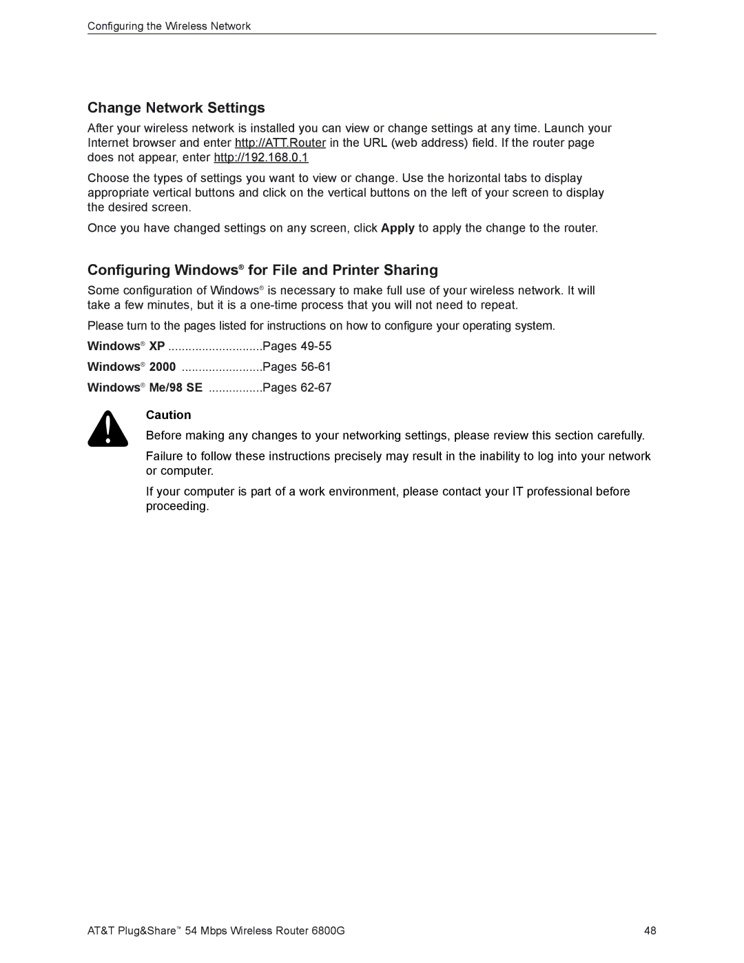 AT&T 6800G user manual Change Network Settings, Configuring Windows for File and Printer Sharing, Windows Me/98 SE 