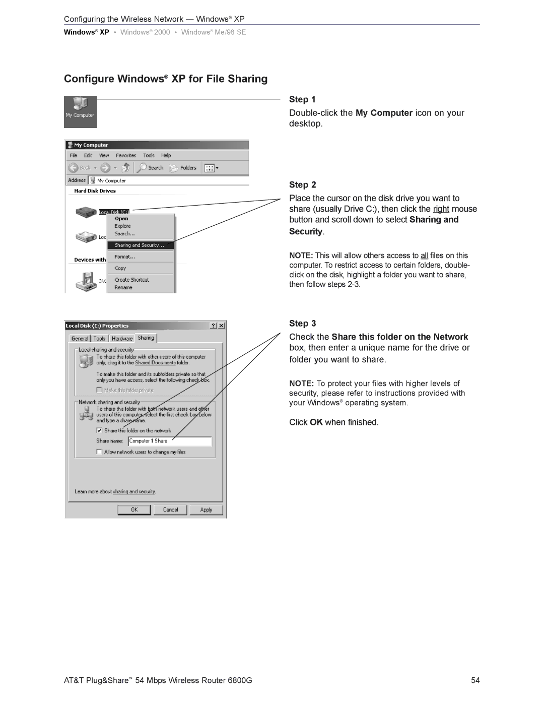 AT&T 6800G user manual Configure Windows XP for File Sharing 