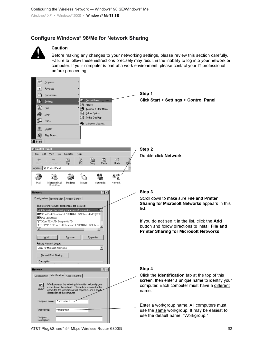 AT&T 6800G user manual Configure Windows 98/Me for Network Sharing, Step Click Start Settings Control Panel 