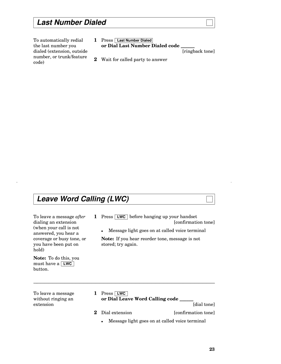 AT&T 7317H, 7315H, 7313H, 7314H Leave Word Calling LWC, Or Dial Last Number Dialed code, Or Dial Leave Word Calling code 