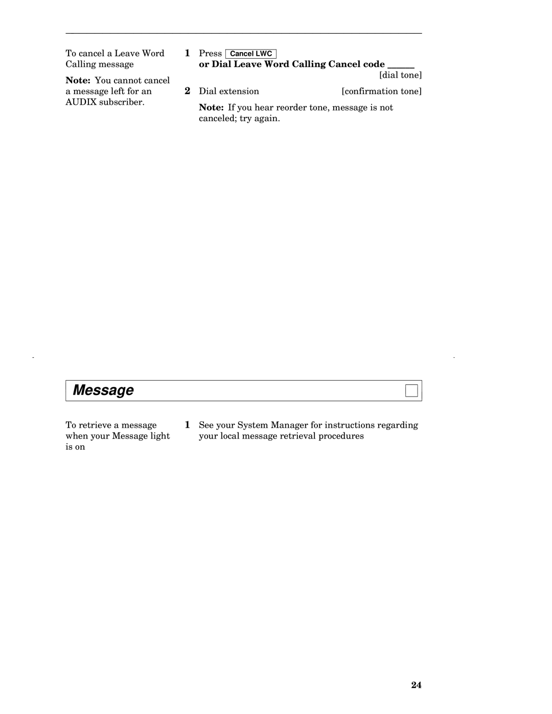 AT&T 7315H, 7317H, 7313H, 7314H, 7316H manual Message, Or Dial Leave Word Calling Cancel code 