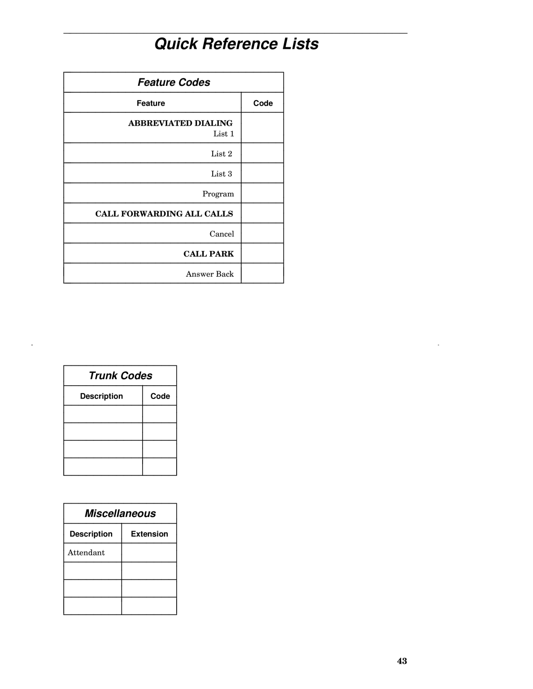 AT&T 7317H, 7315H, 7313H, 7314H, 7316H manual Quick Reference Lists, Feature Codes 