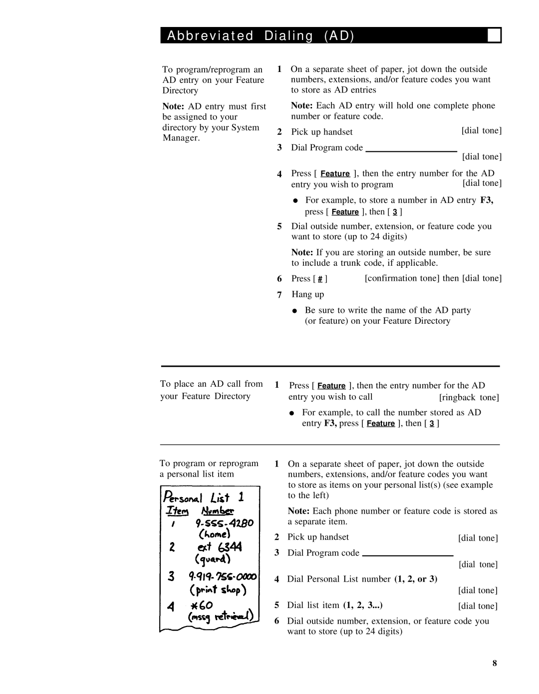 AT&T Generic 3, 7401, System 75 manual Abbreviated Dialing AD 