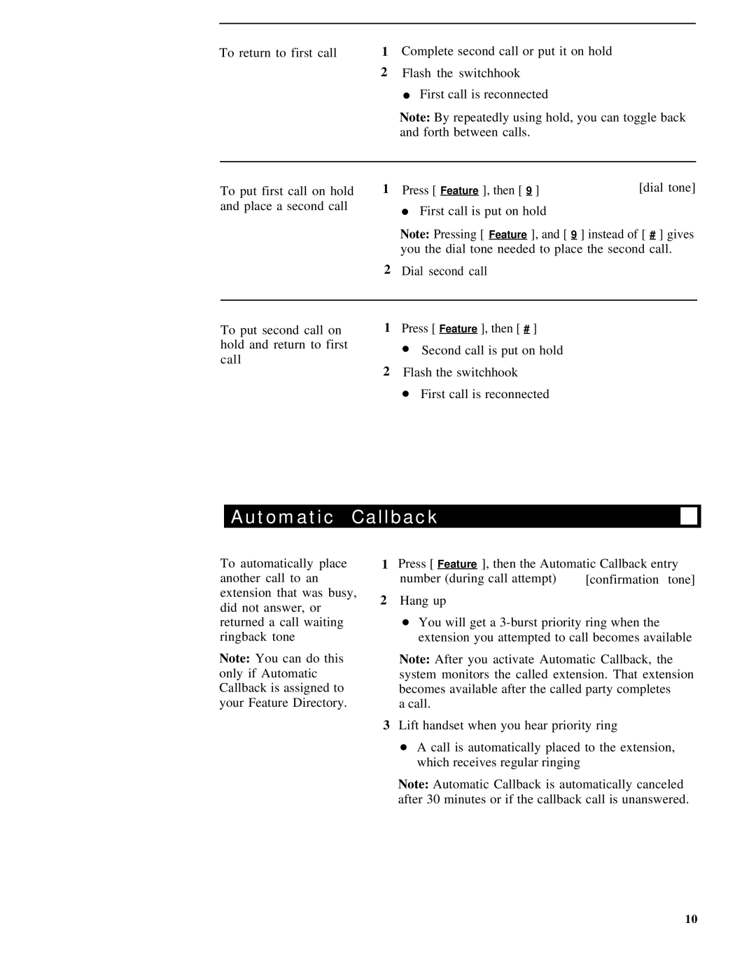 AT&T System 75, 7401, Generic 3 manual Automatic Callback 