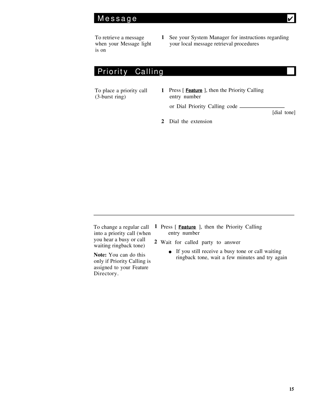 AT&T 7401, System 75, Generic 3 manual Message, Priority Calling 