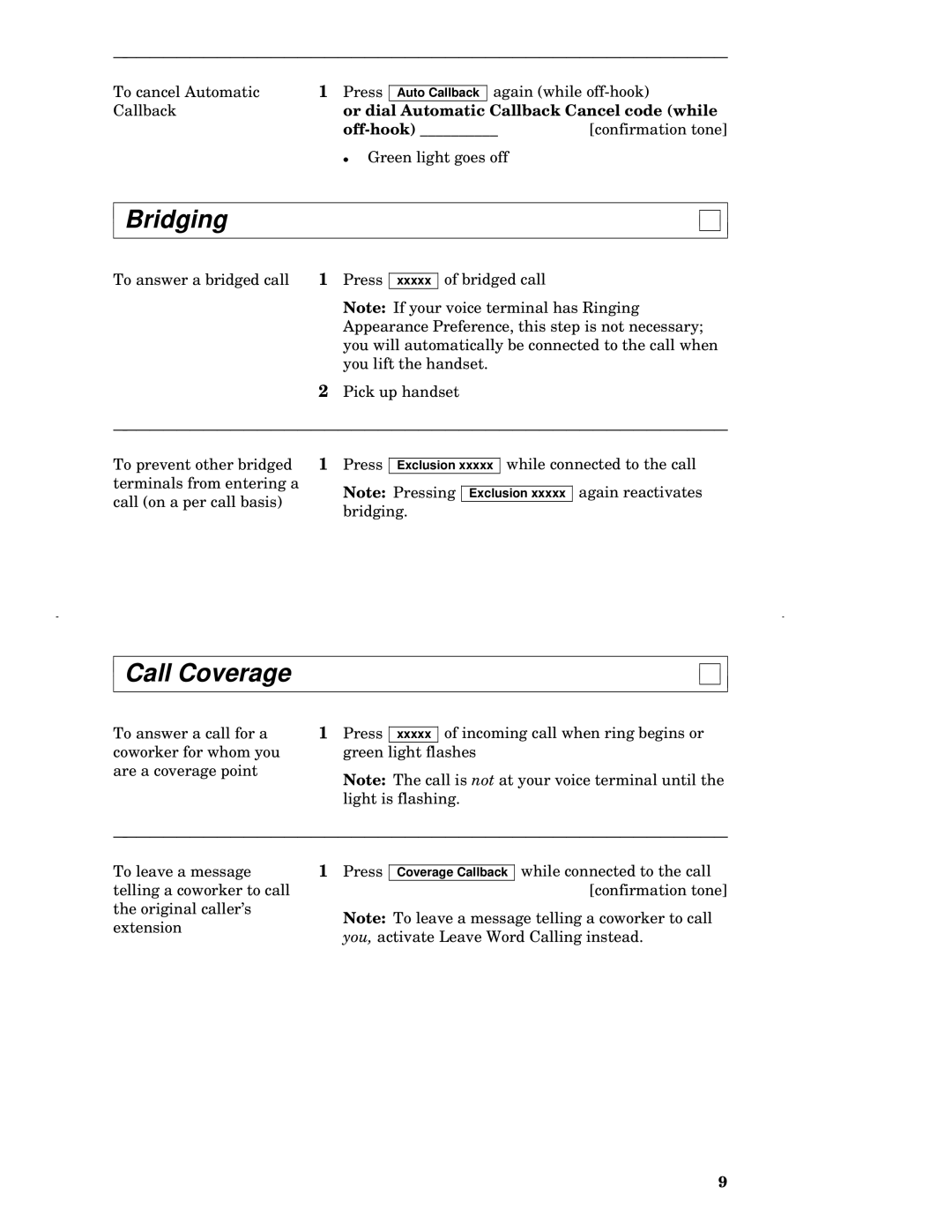 AT&T 7402 manual Bridging, Call Coverage, Or dial Automatic Callback Cancel code while, Off-hook 