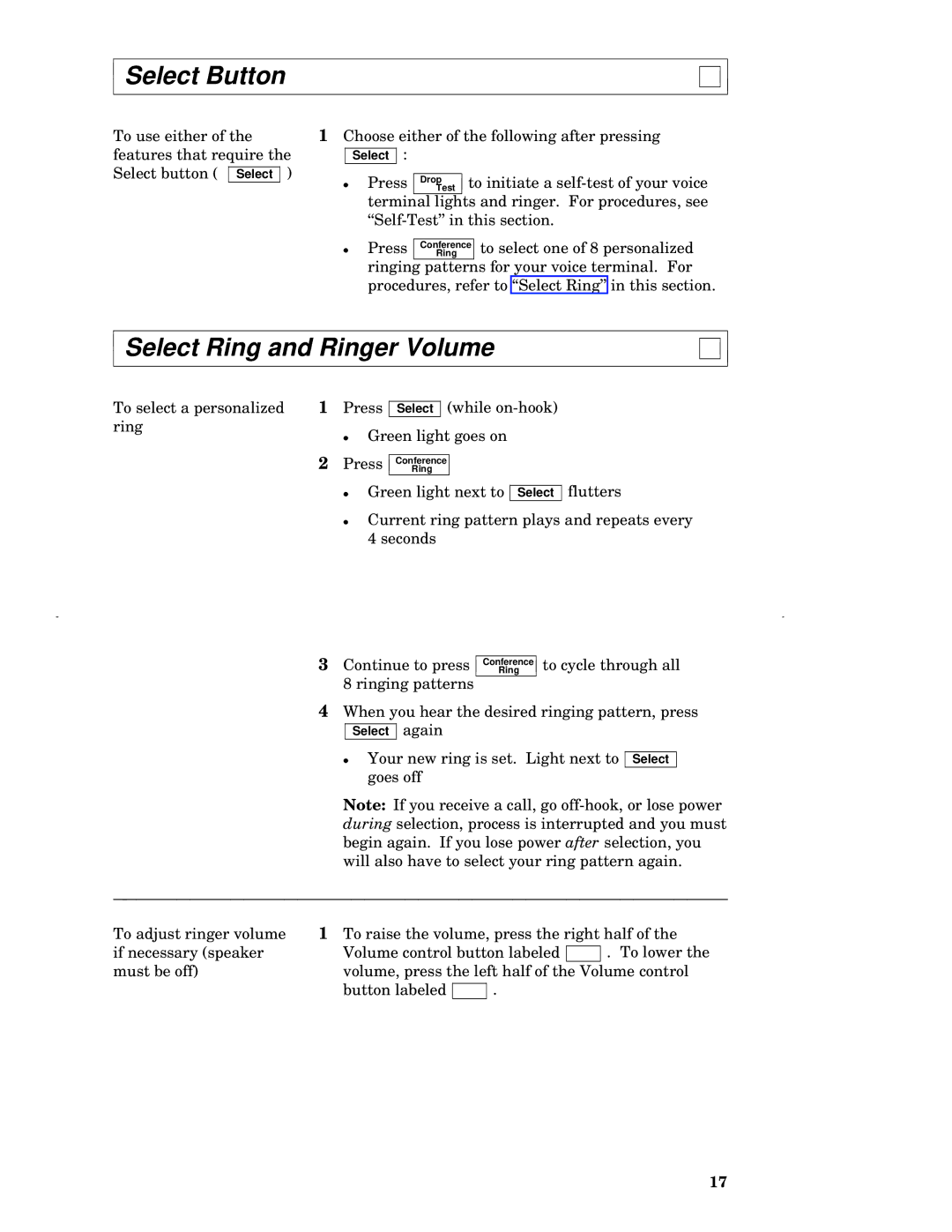 AT&T 7402 manual Select Button, Select Ring and Ringer Volume 