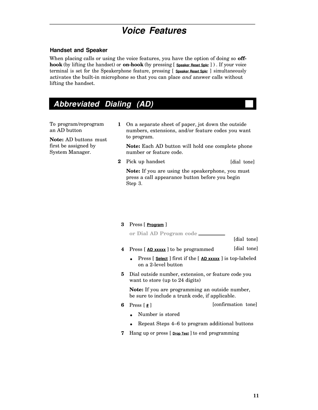 AT&T 7406 manual Voice Features, Abbreviated Dialing AD 