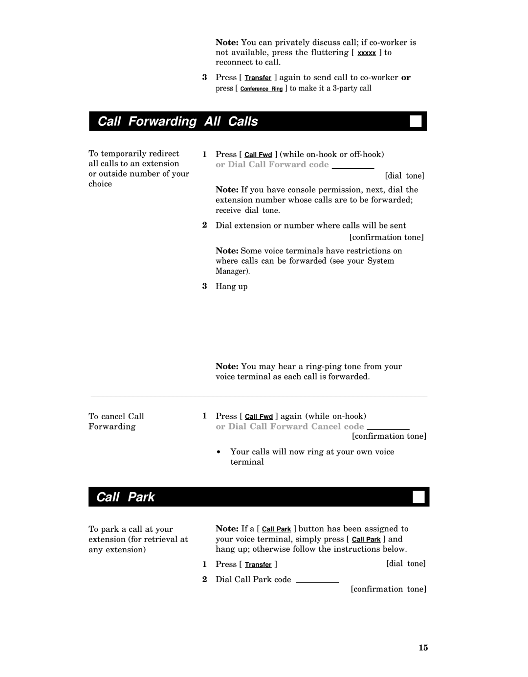 AT&T 7406 manual Call Forwarding All Calls, Call Park 