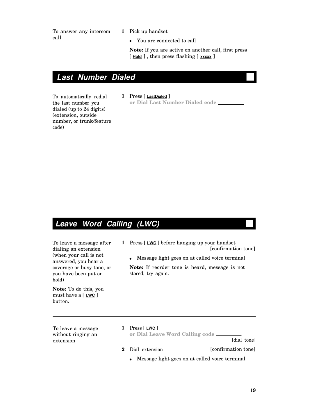 AT&T 7406 manual Last Number Dialed, Leave Word Calling LWC 