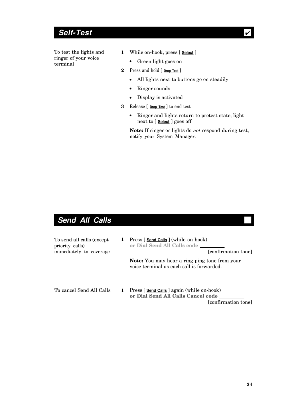 AT&T 7406 manual Self-Test, Send All Calls 