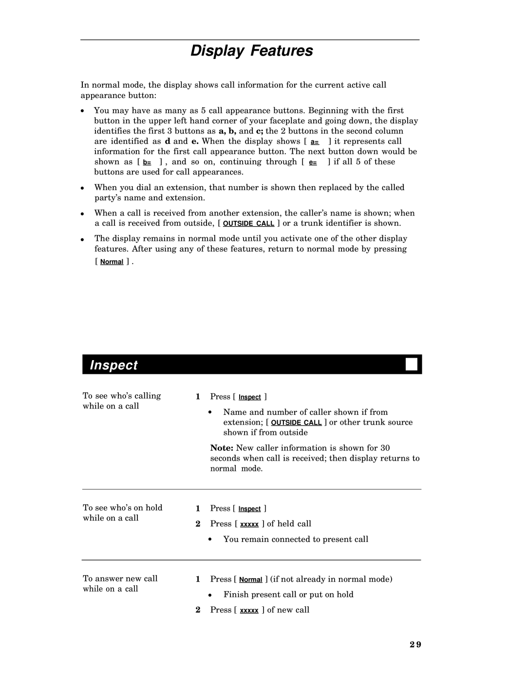 AT&T 7406 manual Display Features, Inspect 