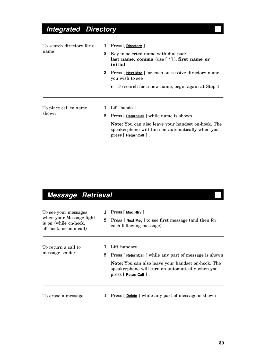 AT&T 7406 manual Integrated Directory, Message Retrieval 