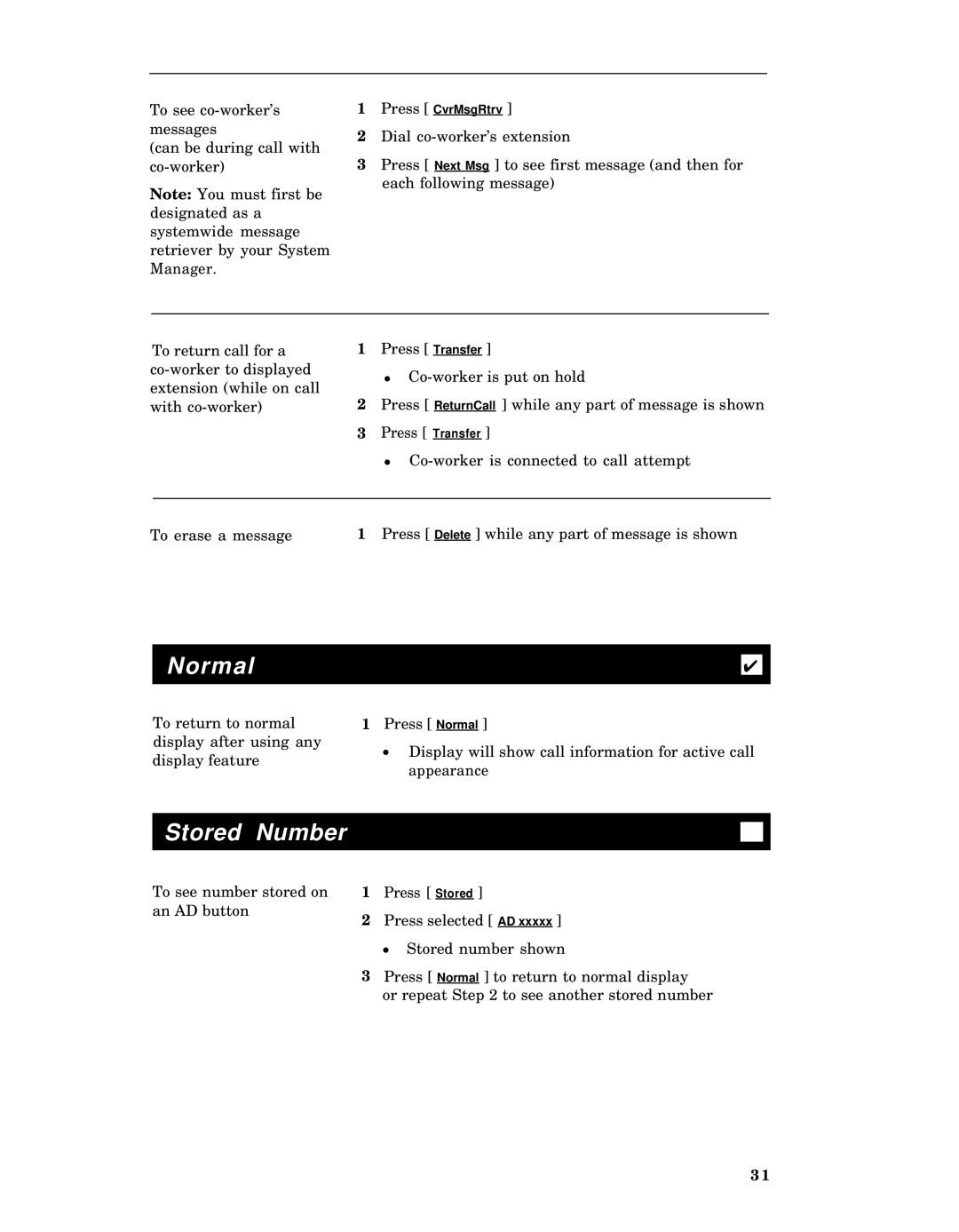 AT&T 7406 manual Normal, Stored Number 