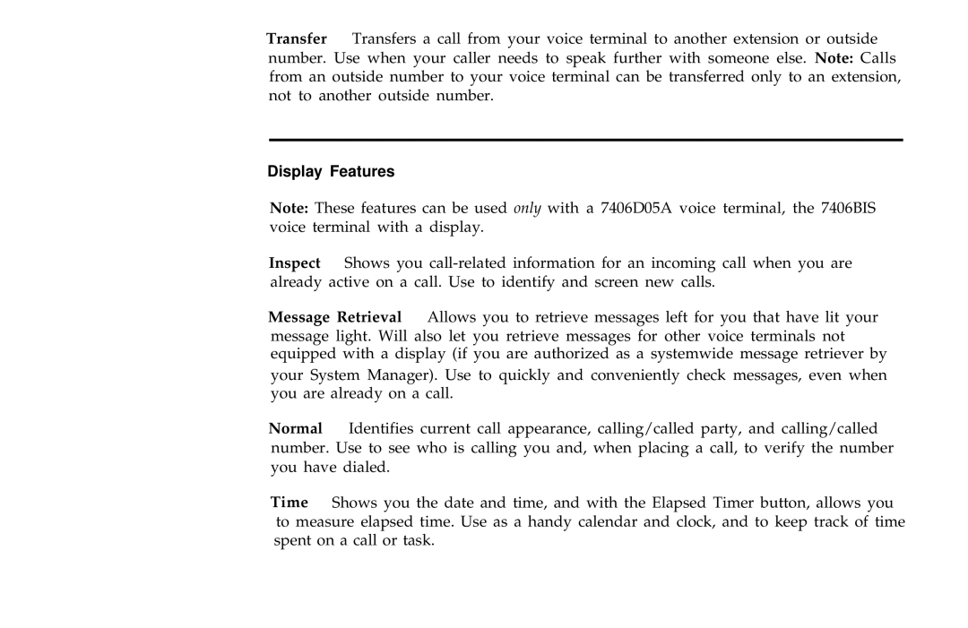 AT&T 7406BIS manual Display Features 