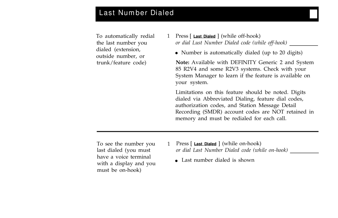 AT&T 7406BIS manual Last Number Dialed, Or dial Lust Number Dialed code while off-hook 