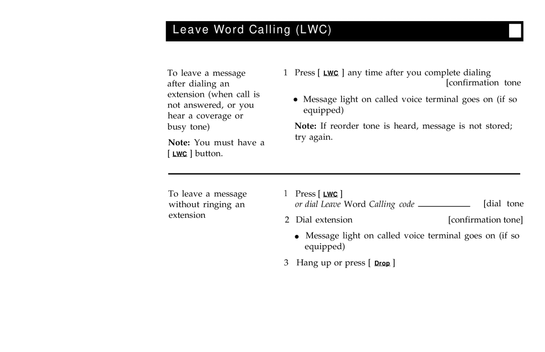 AT&T 7406BIS manual Leave Word Calling LWC, Or dial Leave Word Calling code 