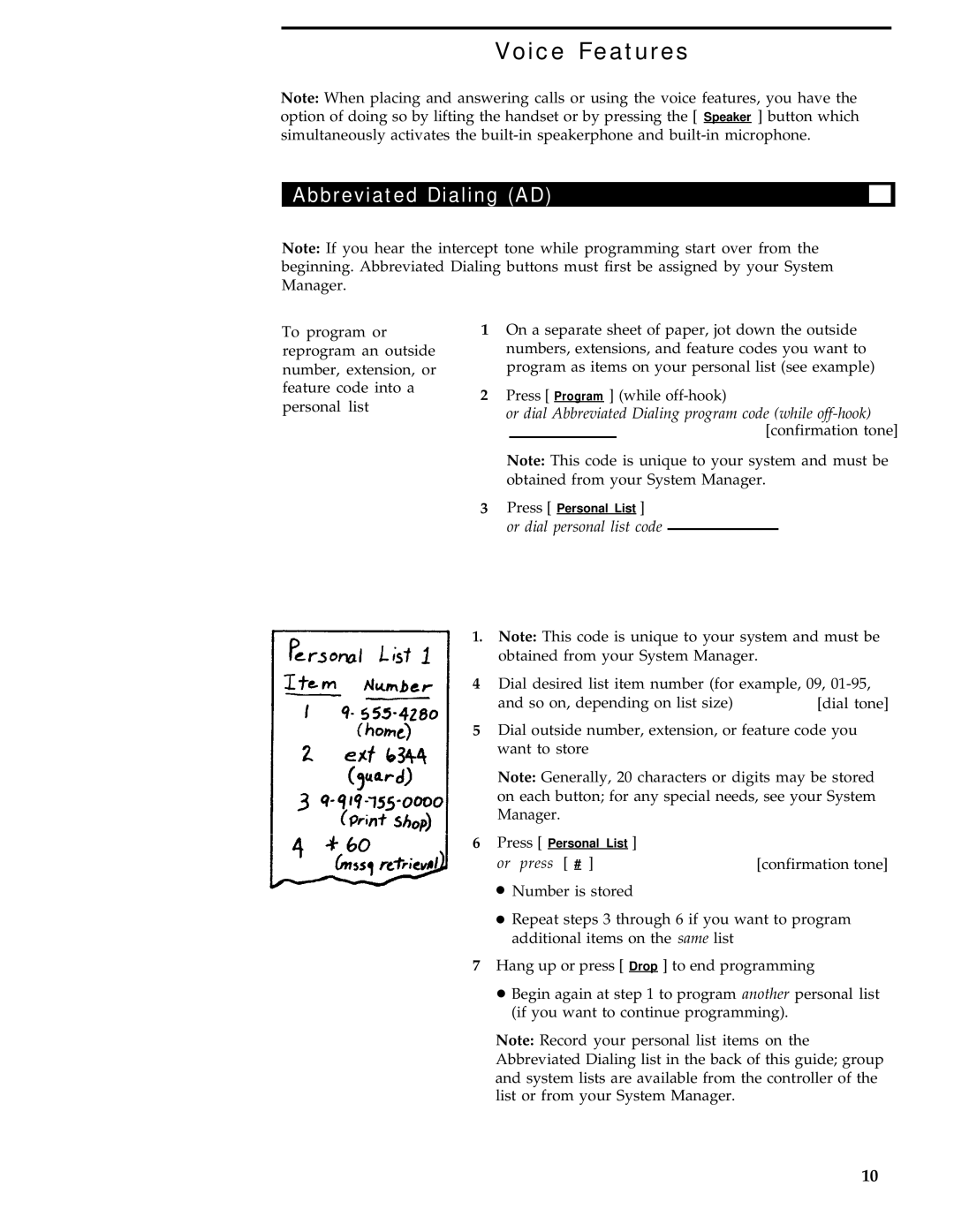 AT&T 7407 manual Voice Features, Abbreviated Dialing AD, Or dial Abbreviated Dialing program code while off-hook 