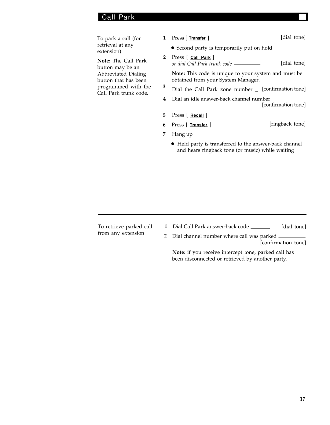 AT&T 7407 manual Or dial Call Park trunk code 