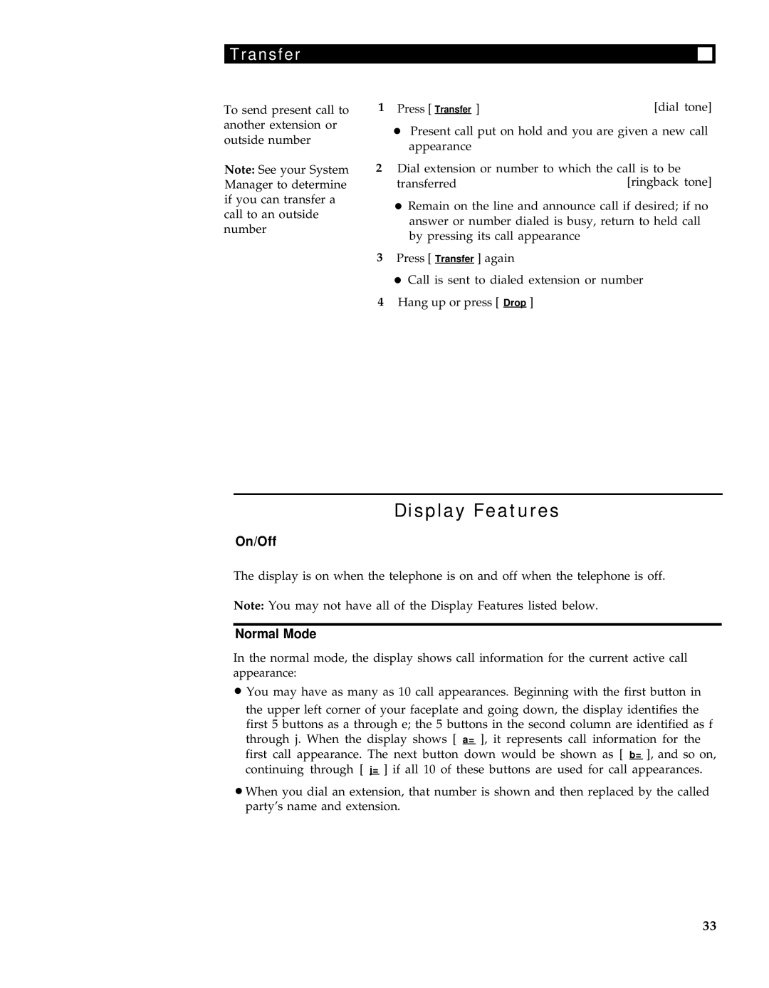 AT&T 7407 manual Display Features, Transfer, On/Off, Normal Mode 