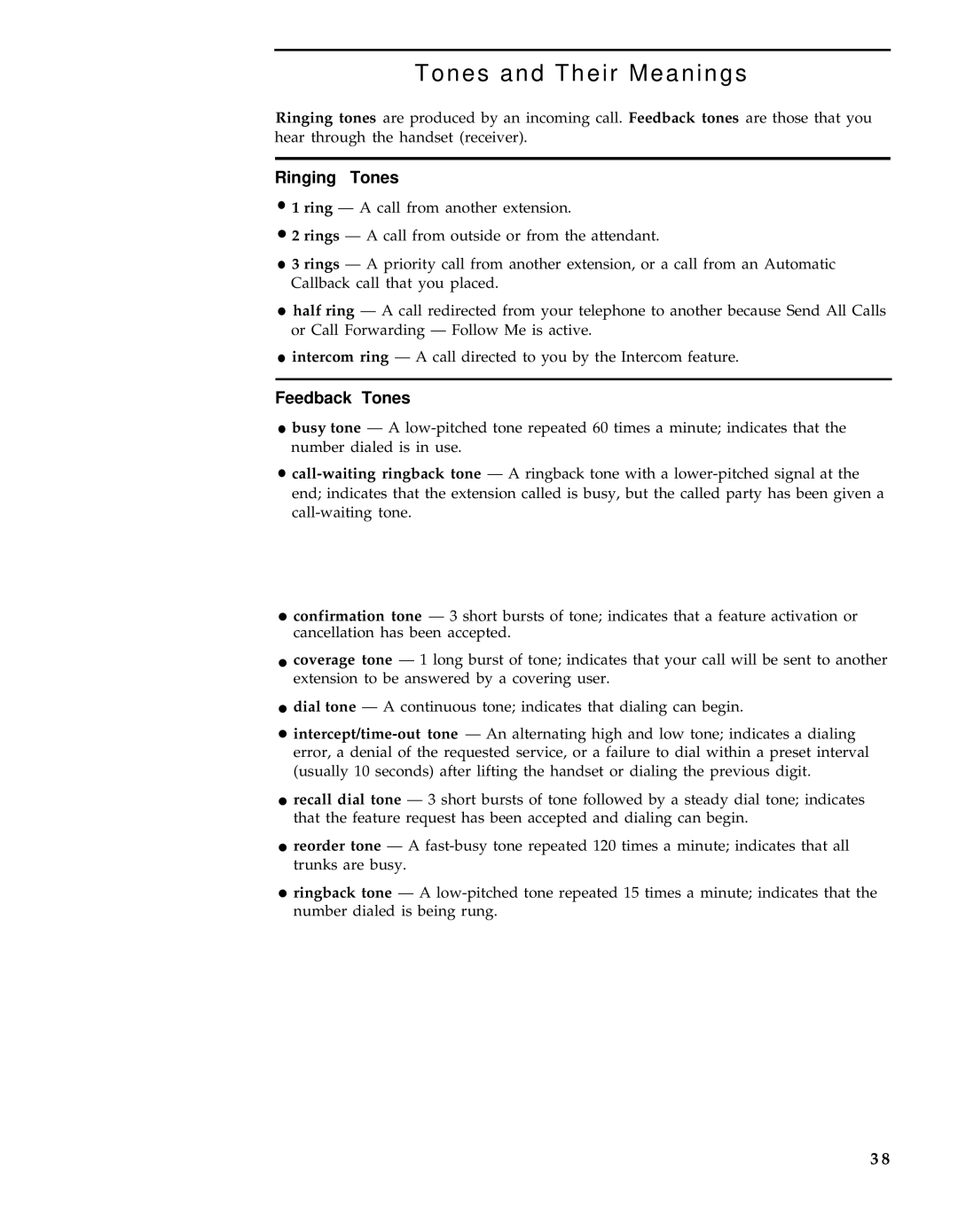 AT&T 7407 manual Tones and Their Meanings, Ringing Tones, Feedback Tones 