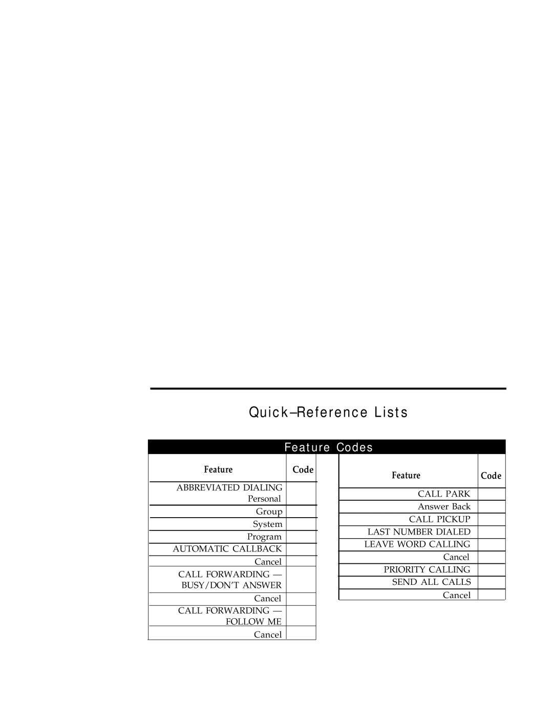 AT&T 7407 manual Quick-Reference Lists, Feature Codes 