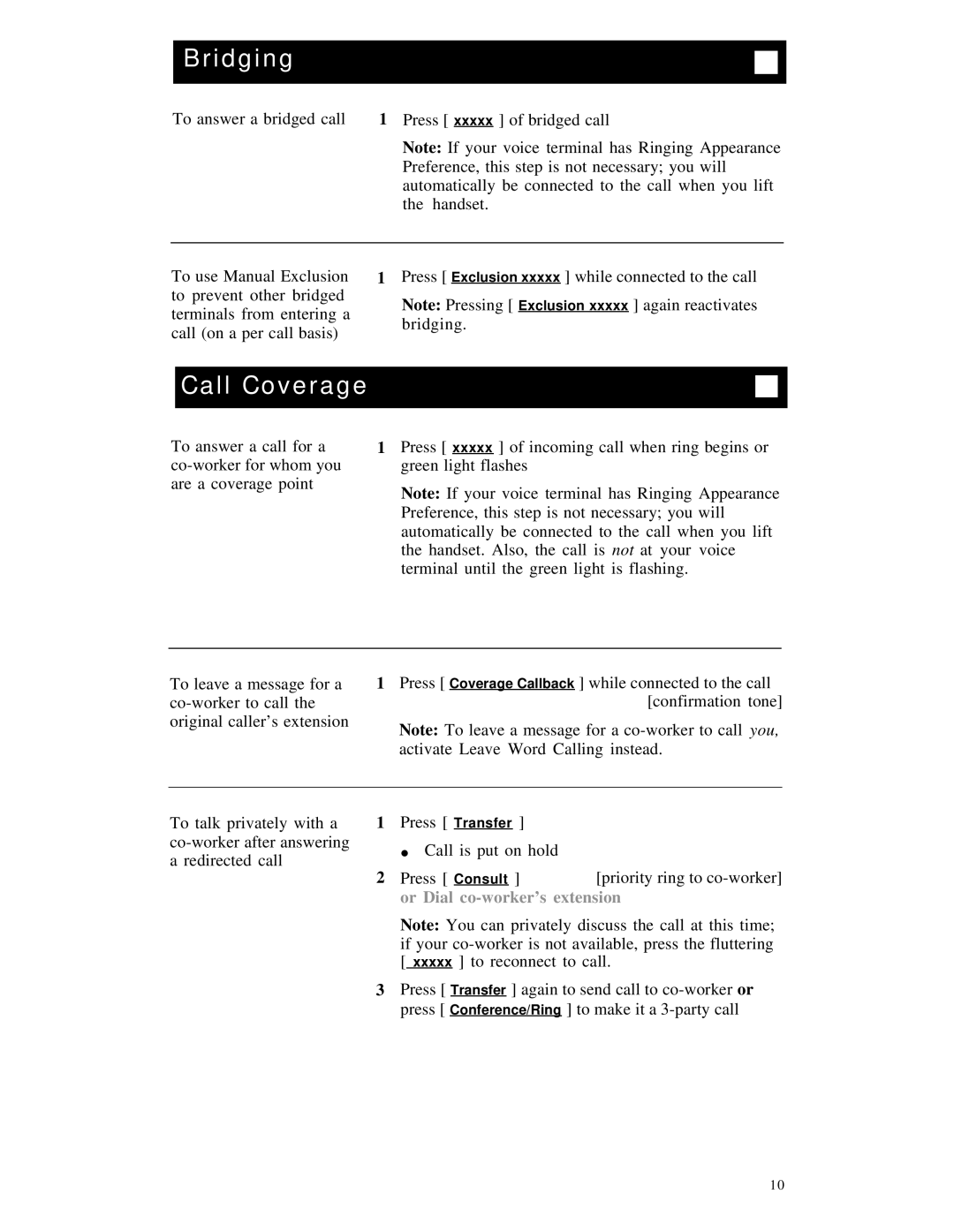 AT&T 7410 manual Bridging, Call Coverage, Or Dial co-worker’s extension 