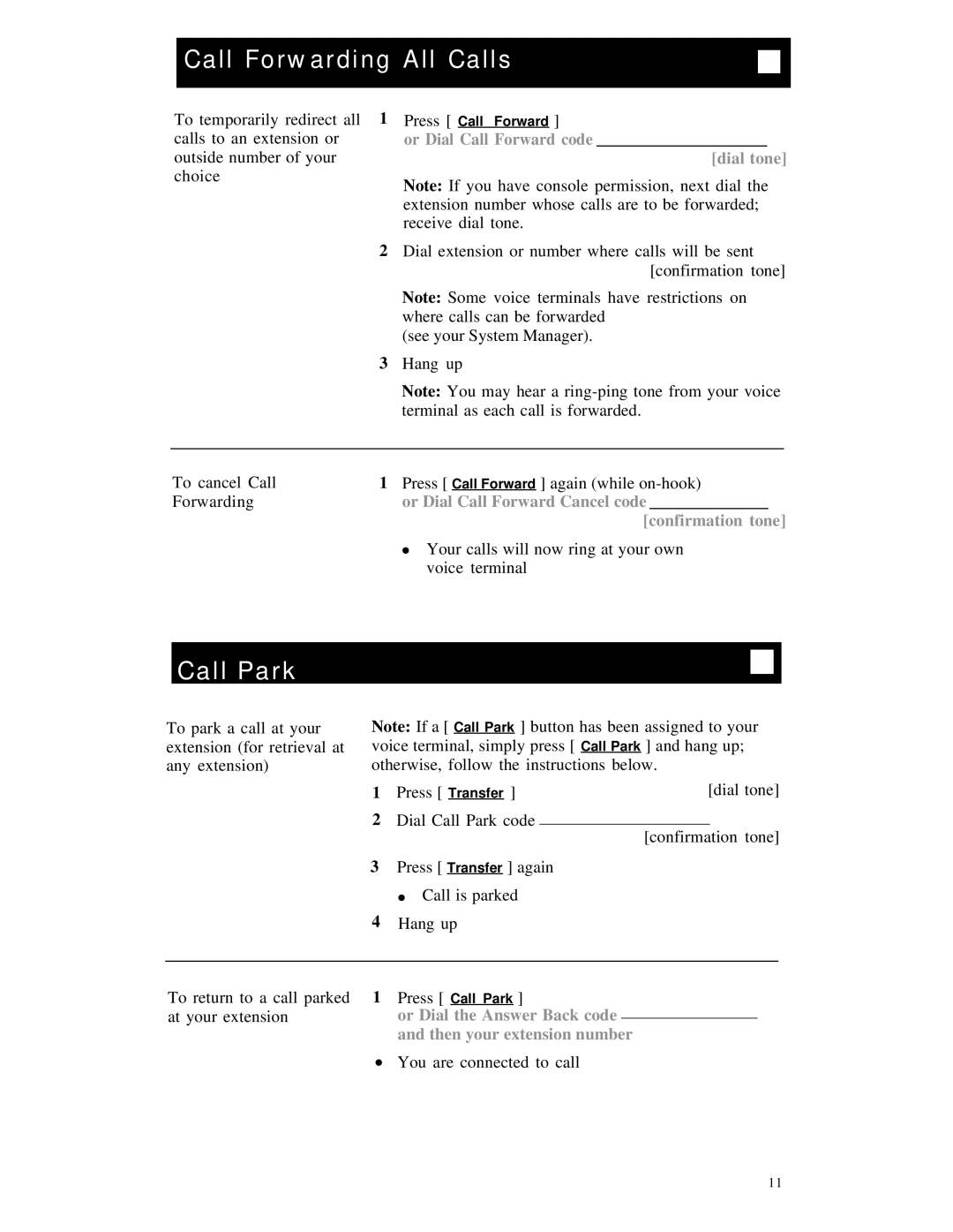 AT&T 7410 manual Call Forwarding All Calls, Call Park, Or Dial Call Forward code Dial tone 