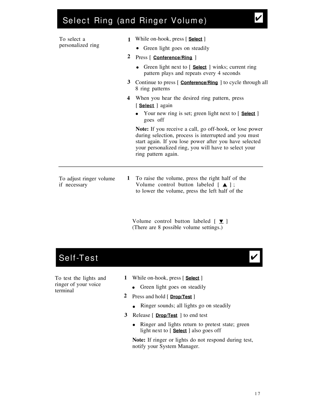 AT&T 7410 manual Select Ring and Ringer Volume, Self-Test 