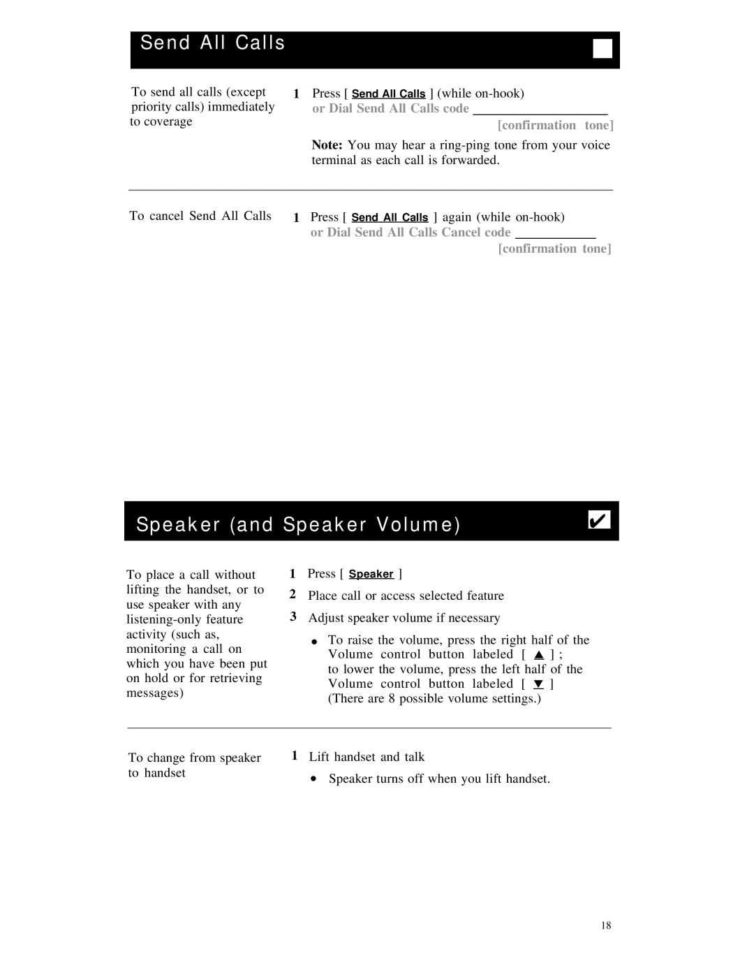 AT&T 7410 manual Speaker and Speaker Volume, Or Dial Send All Calls Cancel code Confirmation tone 