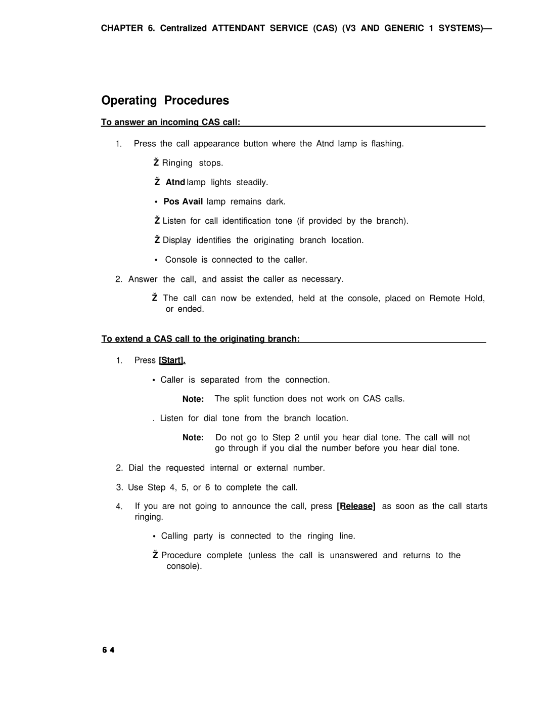 AT&T 75 Operating Procedures, To answer an incoming CAS call, To extend a CAS call to the originating branch Press Start 