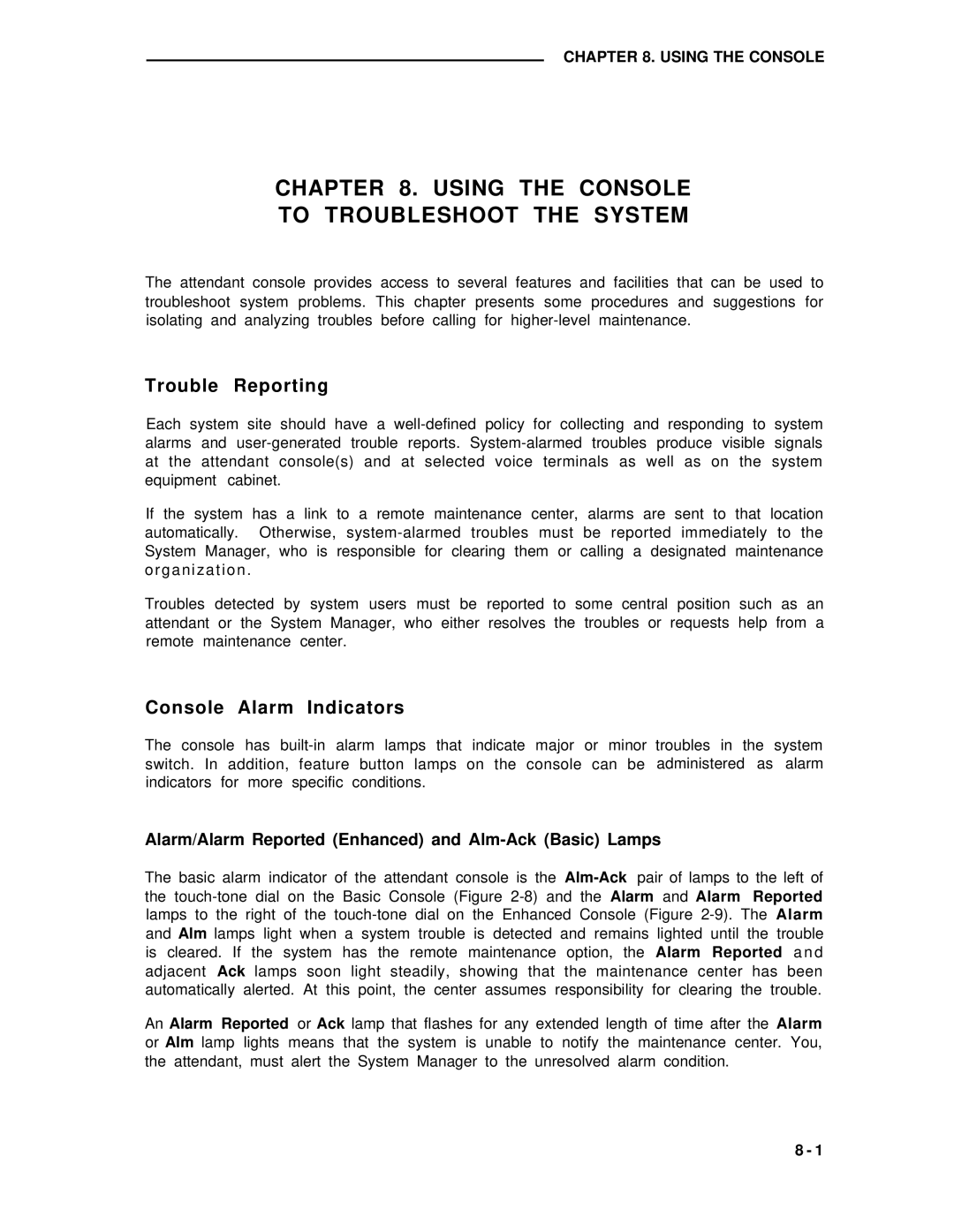 AT&T 75 manual Trouble Reporting, Console Alarm Indicators 