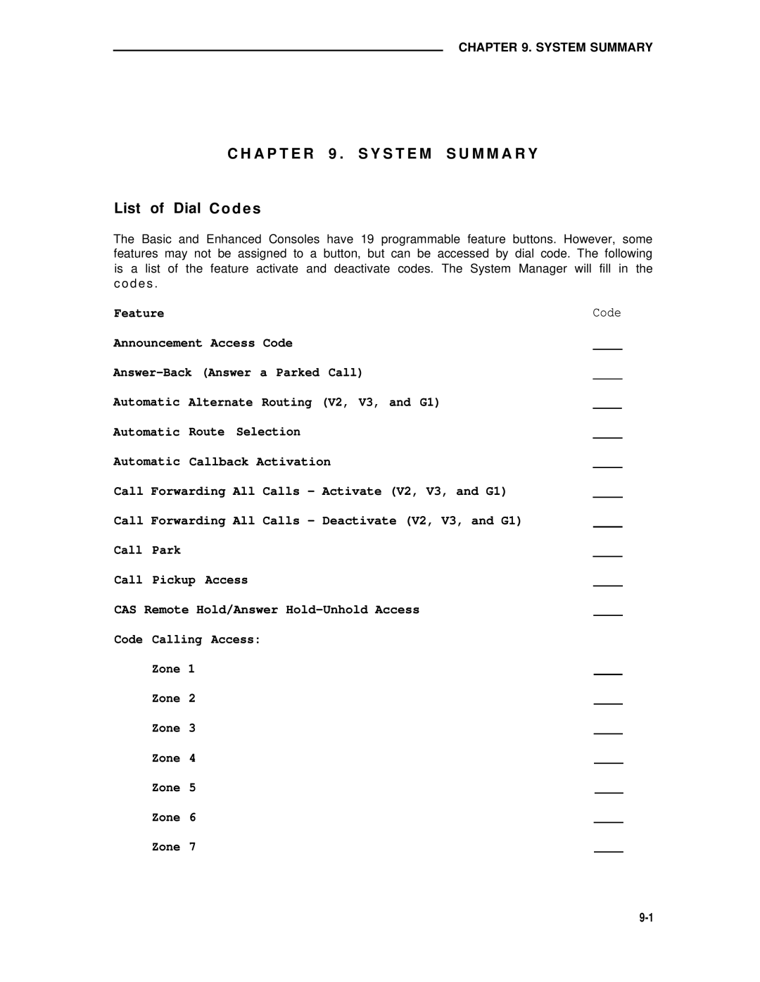 AT&T 75 manual A P T E R 9 . S Y S T E M S U M M a R Y List of Dial codes 