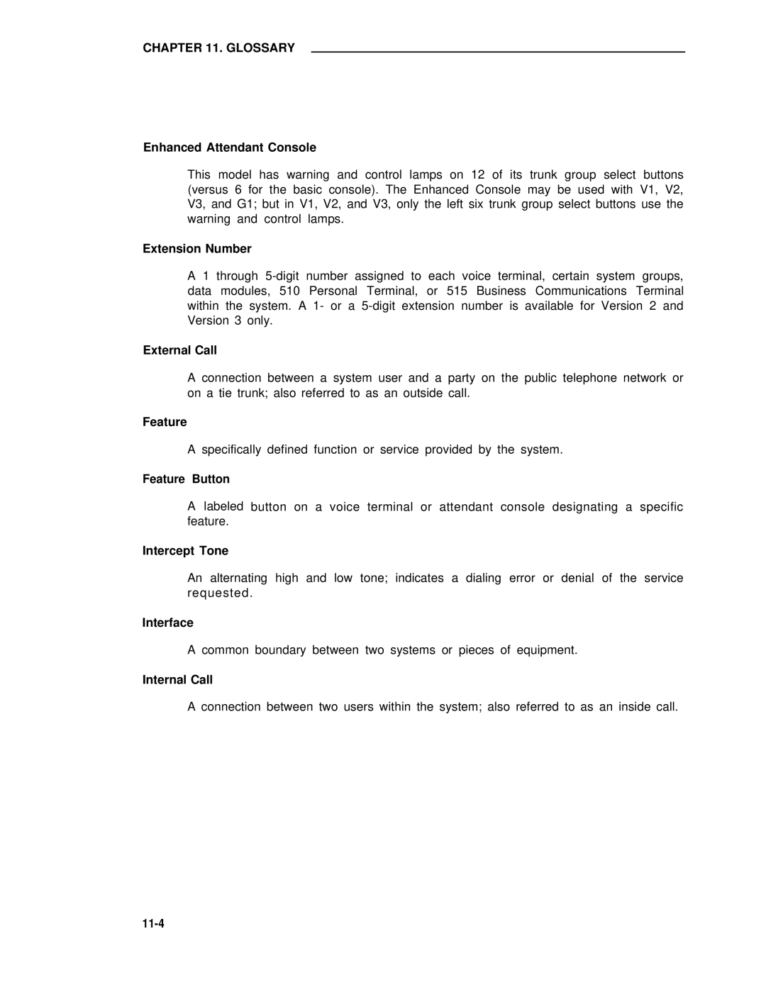 AT&T 75 Enhanced Attendant Console, Extension Number, External Call, Feature Button, Interface, Internal Call, 11-4 