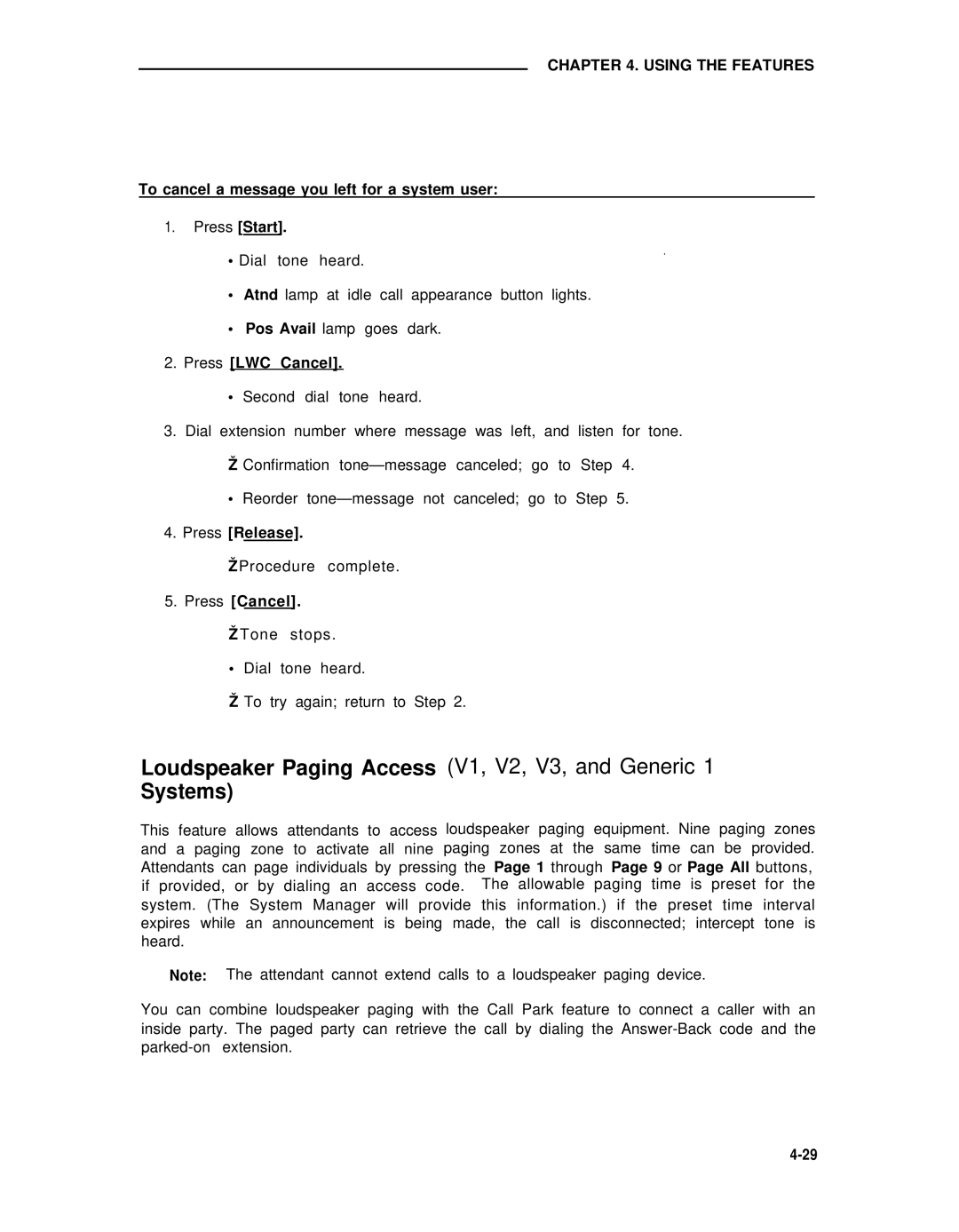 AT&T 75 manual Loudspeaker Paging Access V1, V2, V3, and Generic Systems, To cancel a message you left for a system user 