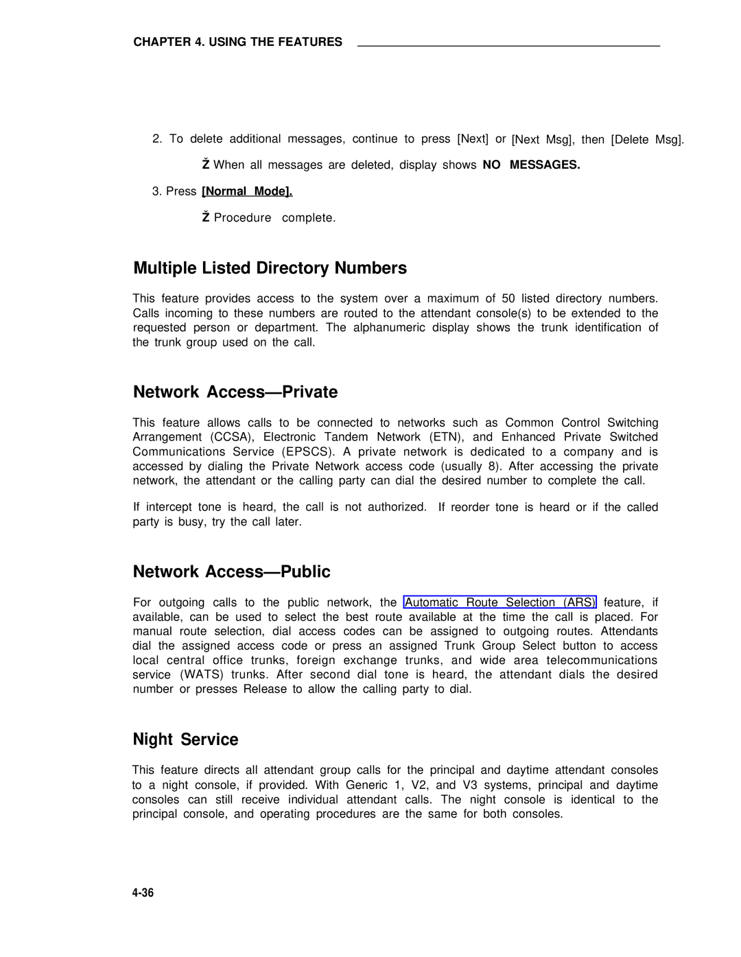 AT&T 75 Multiple Listed Directory Numbers, Network Access-Private, Network Access-Public, Night Service, Press Normal Mode 